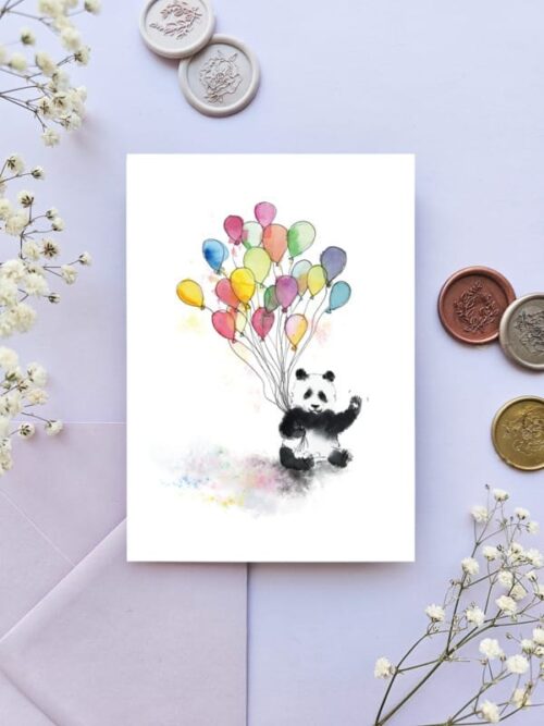 Postikortti Panda ja ilmapallot