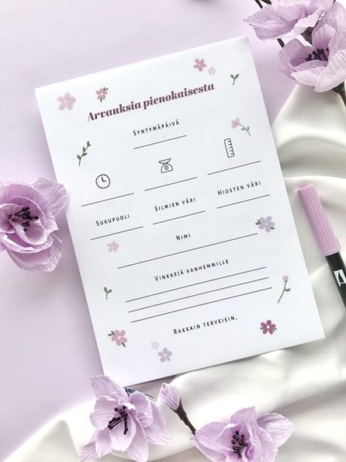 Babyshower arvauskortit Vaaleanpunainen