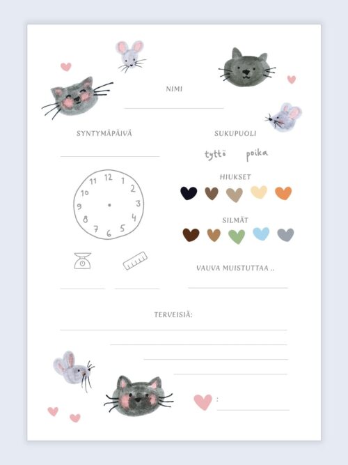 Babyshower arvauskortit Kissa