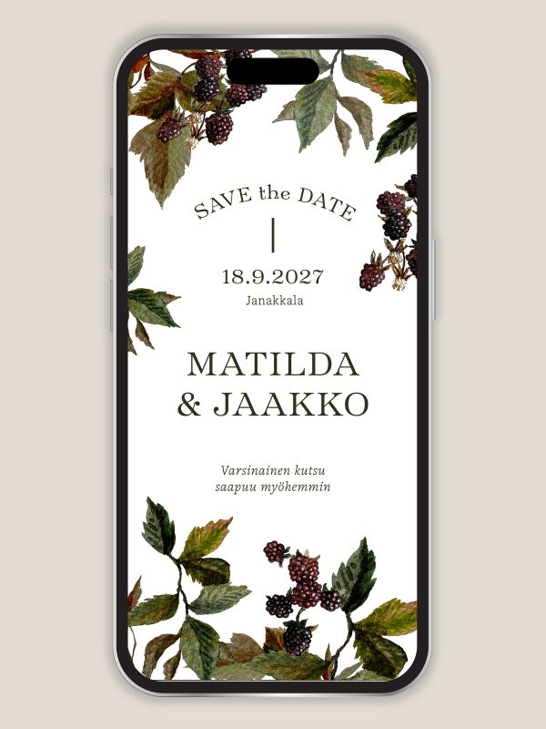 Save the Date Karhunvatukka, lehtikuvio, vesivärimaalaus, puhelimeen