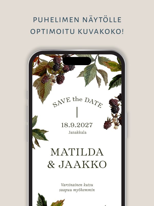 Save the Date Karhunvatukka, lehtikuvio, vesivärimaalaus, puhelimeen optimoitu, puhelimen ruutuun sopiva