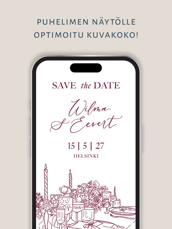 Save the Date Viininpunainen viivapiirros, moderni, graafinen, trendikäs, puhelimeen optimoitu, puhelimen ruutuun sopiva