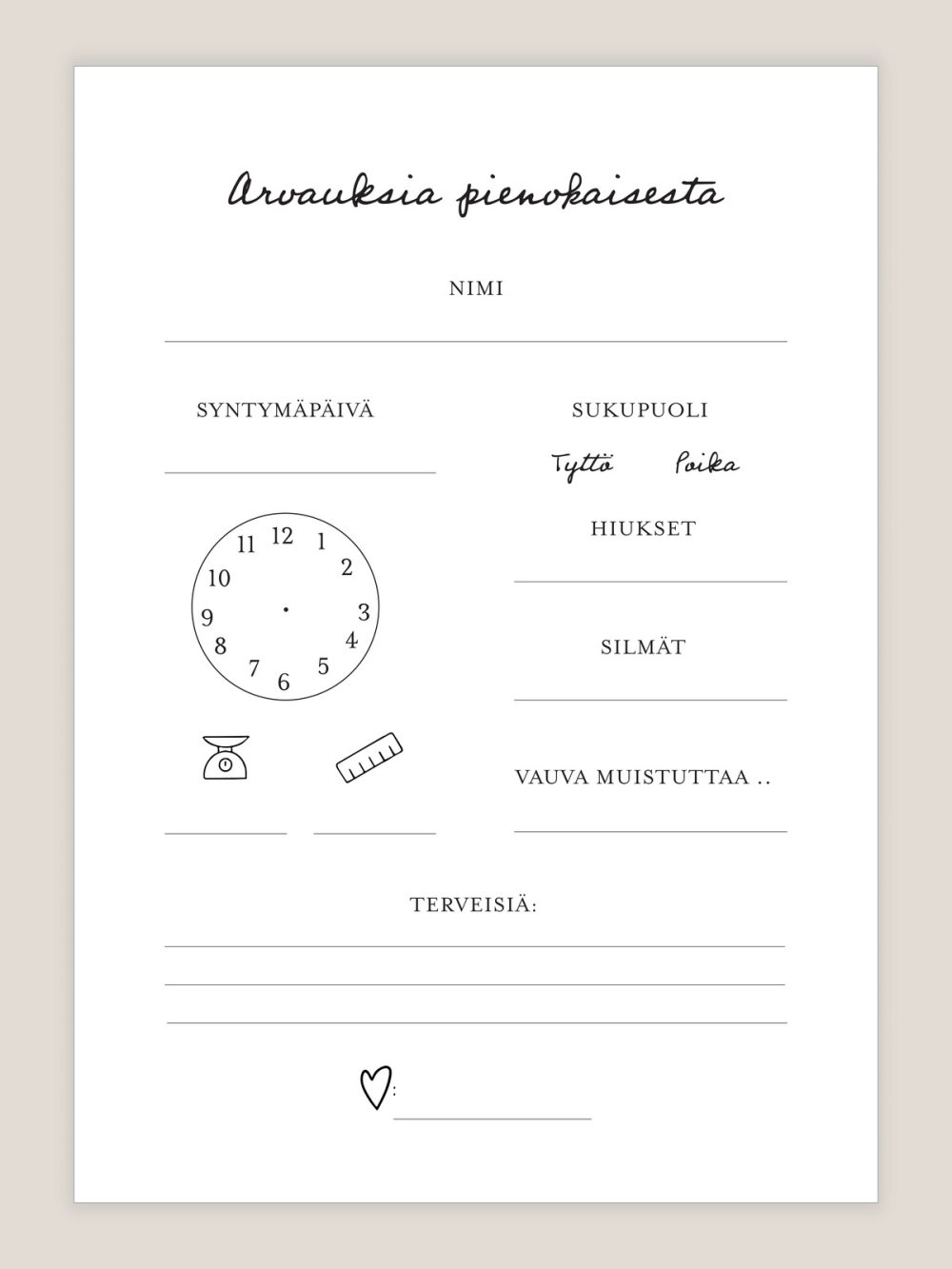 Babyshower arvauskortit vauvajuhliin, vauvakutsuille arvauslaput