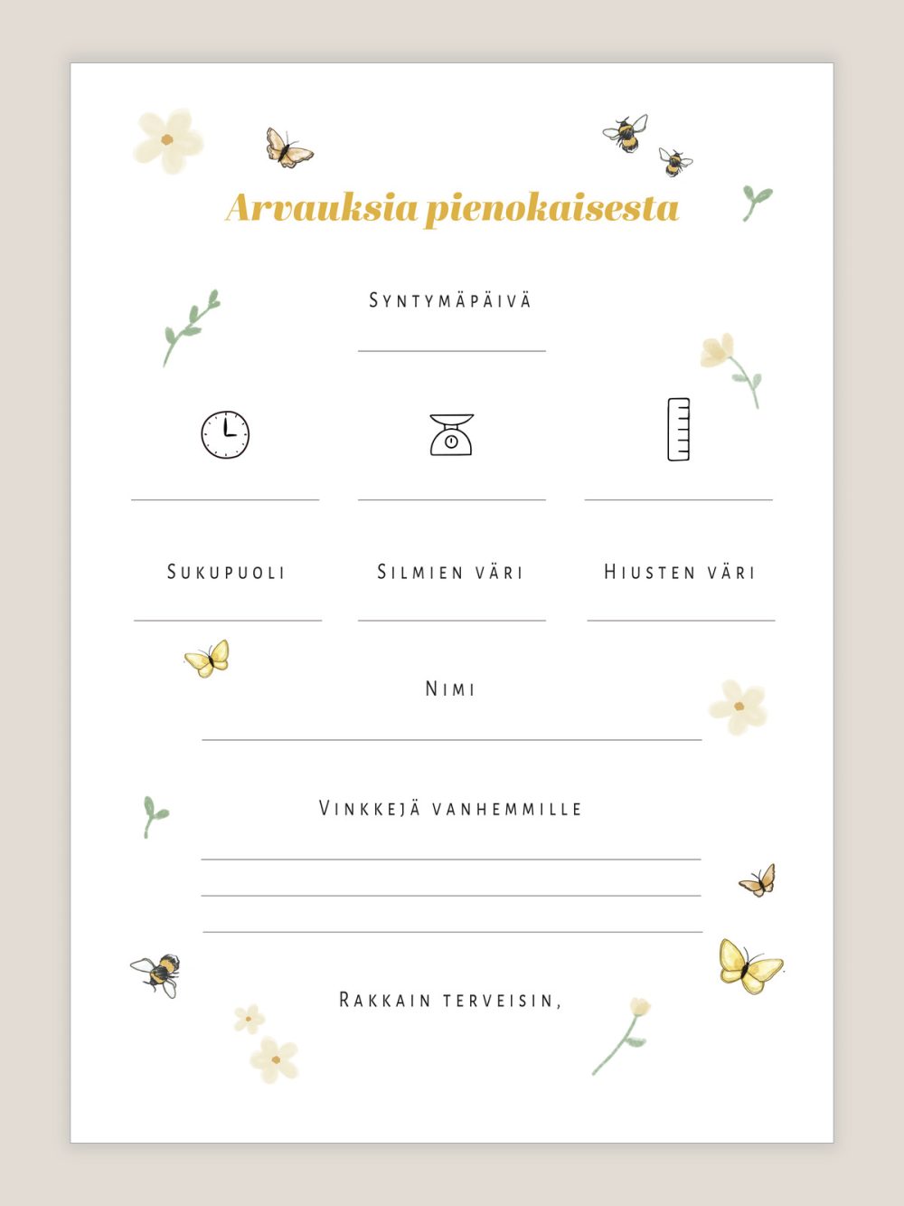 Babyshower arvauskortit keltainen kukka teemalla, suloiset arvauslaput vauvajuhliin