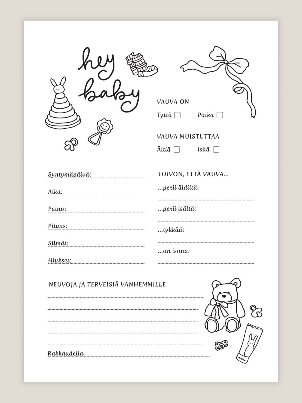 Babyshower arvauskortit mustavalkoinen, arvauslaput vauvakutsuille, baby shower tulostettavat arvaukset vauvasta