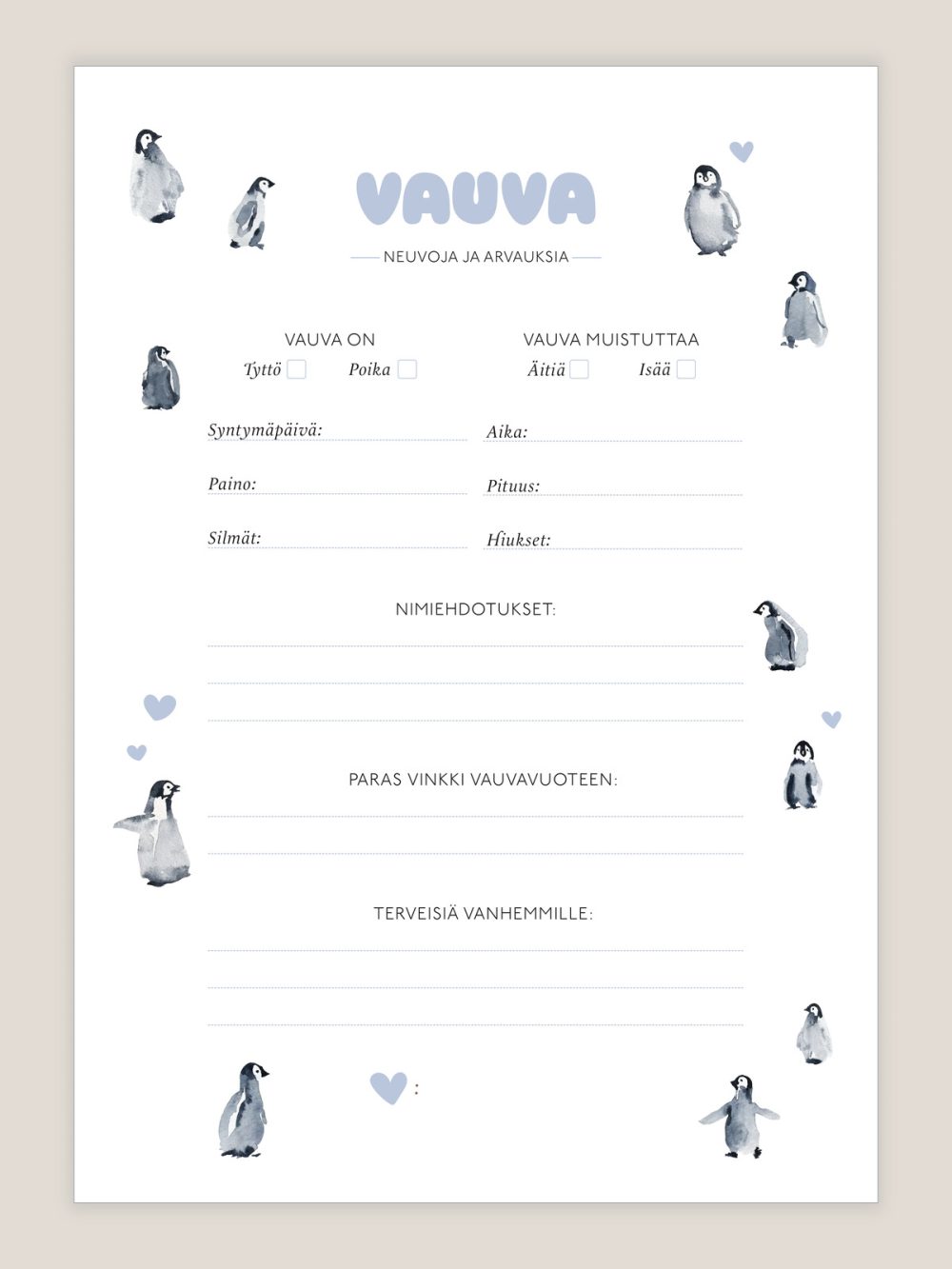 Babyshower arvauskortit pingviini teemalla, suloiset arvauslaput vauvakutsuille