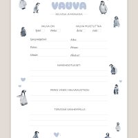 Babyshower arvauskortit pingviini teemalla, suloiset arvauslaput vauvakutsuille