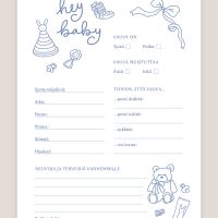 Babyshower arvauskortit sininen, arvauslaput vauvakutsuille