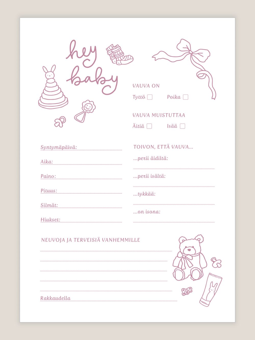 Babyshower arvauskortit vaaleanpunainen, arvauslaput vauvajuhliin