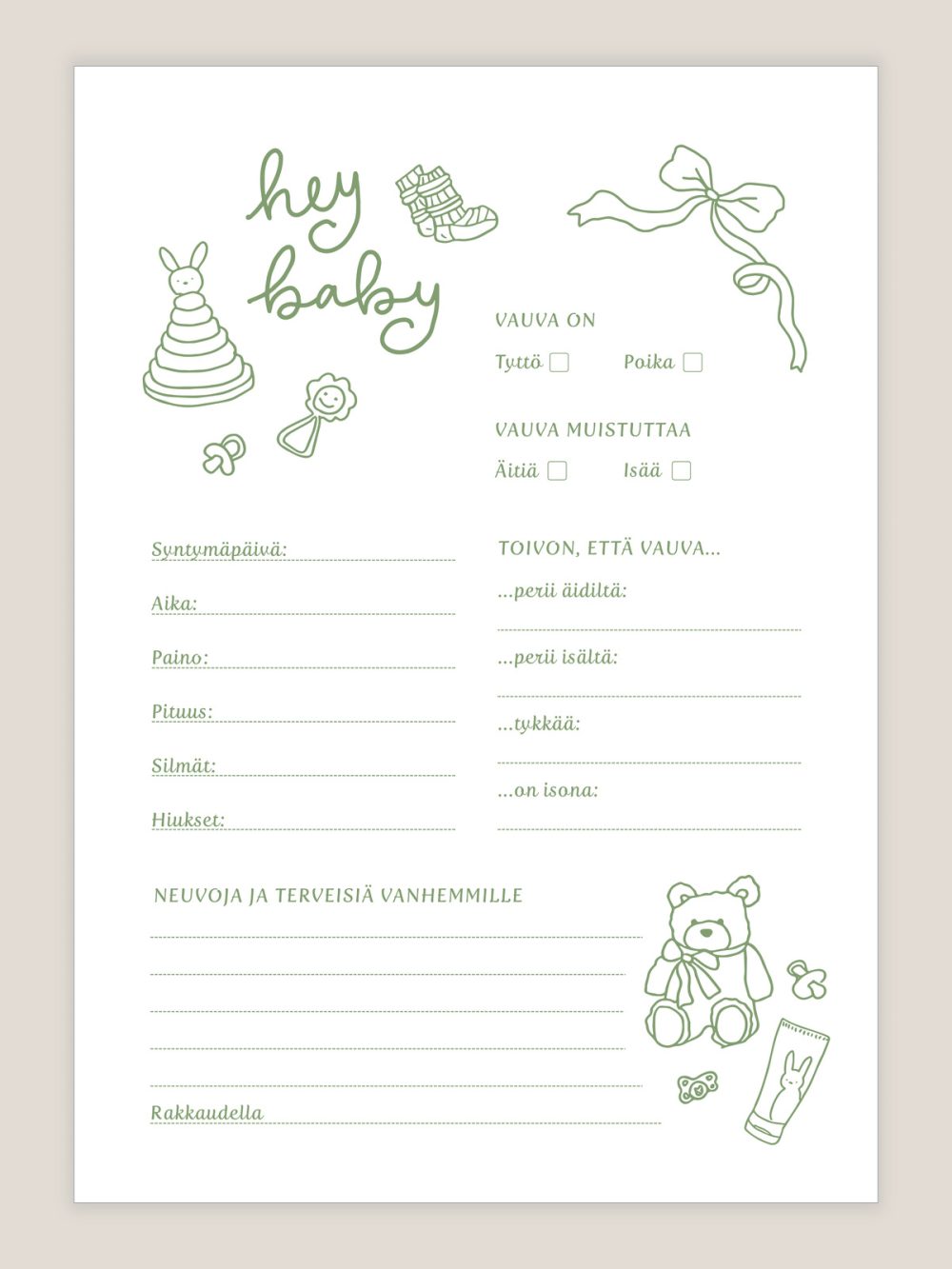 Babyshower arvauskortit vihreä, arvauslaput vauvajuhliin