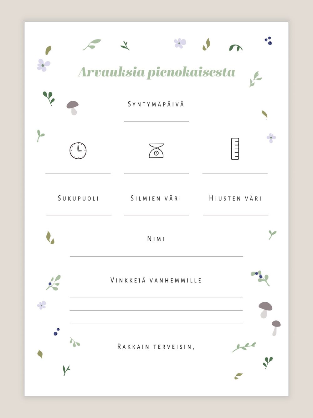 Babyshower arvauskortit vihreä metsä, arvauslaput vauvajuhliin metsäteema