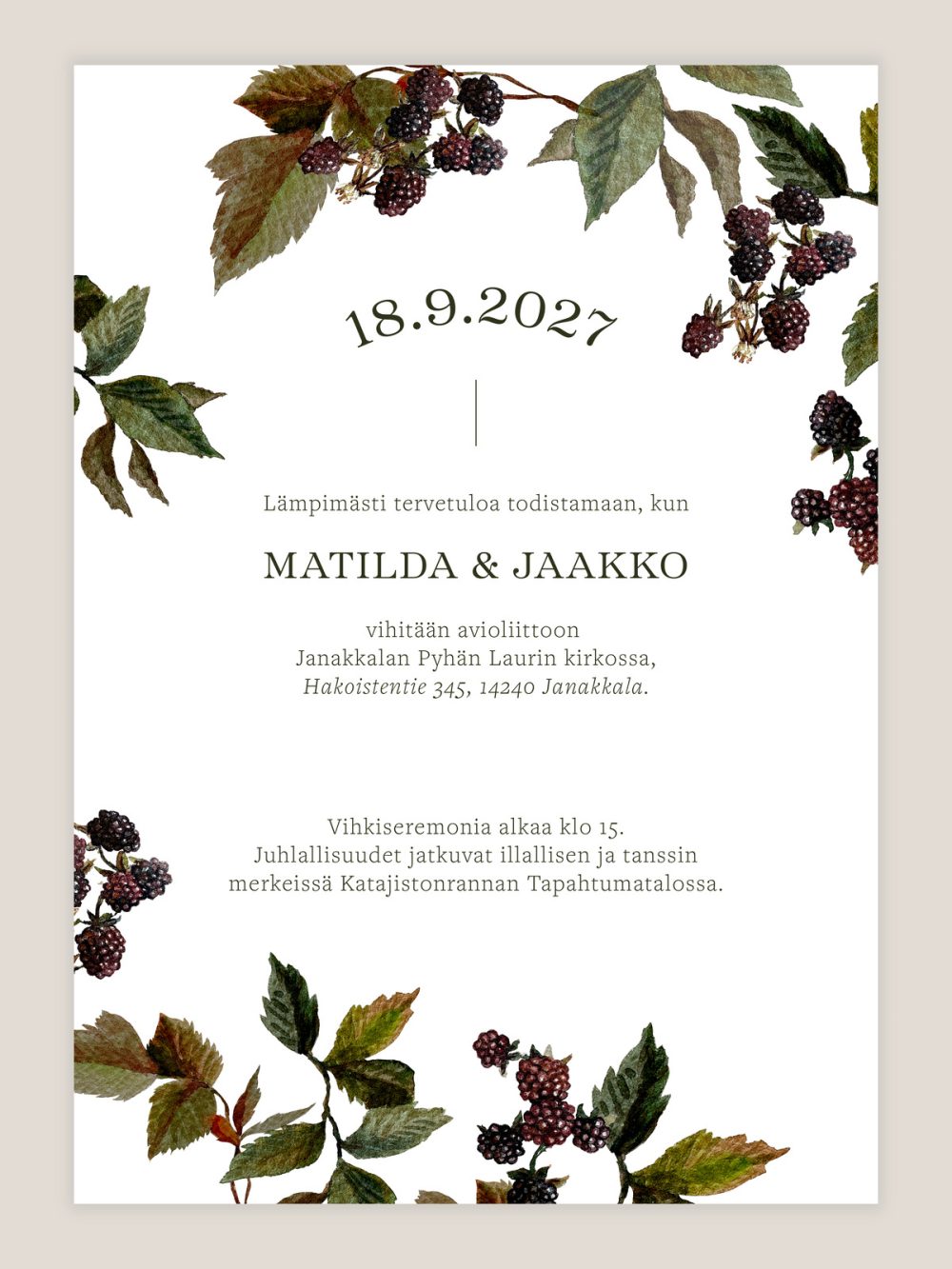 Hääkutsu Karhunvatukka, lehtikuvio, vesivärimaalaus, kutsukortti häihin