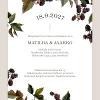 Hääkutsu Karhunvatukka, lehtikuvio, vesivärimaalaus, kutsukortti häihin