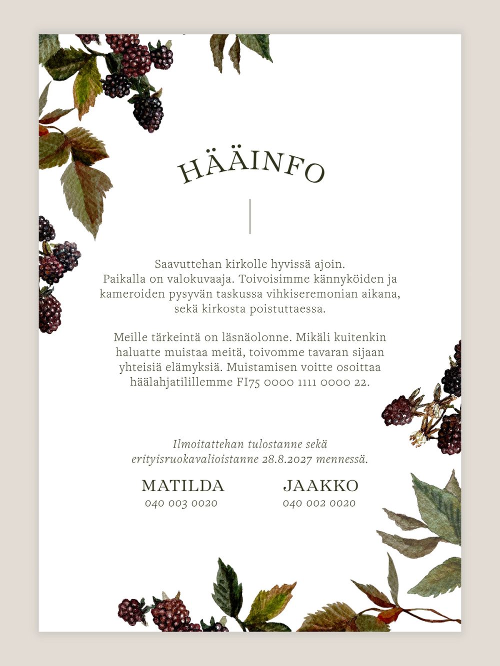 haakutsu-karhunvatukka-info Hääkutsu Karhunvatukka, infokortti, lehtikuvio, vesivärimaalaus, kutsukortti häihin