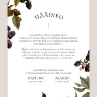 Hääkutsu Karhunvatukka, infokortti, lehtikuvio, vesivärimaalaus, kutsukortti häihin