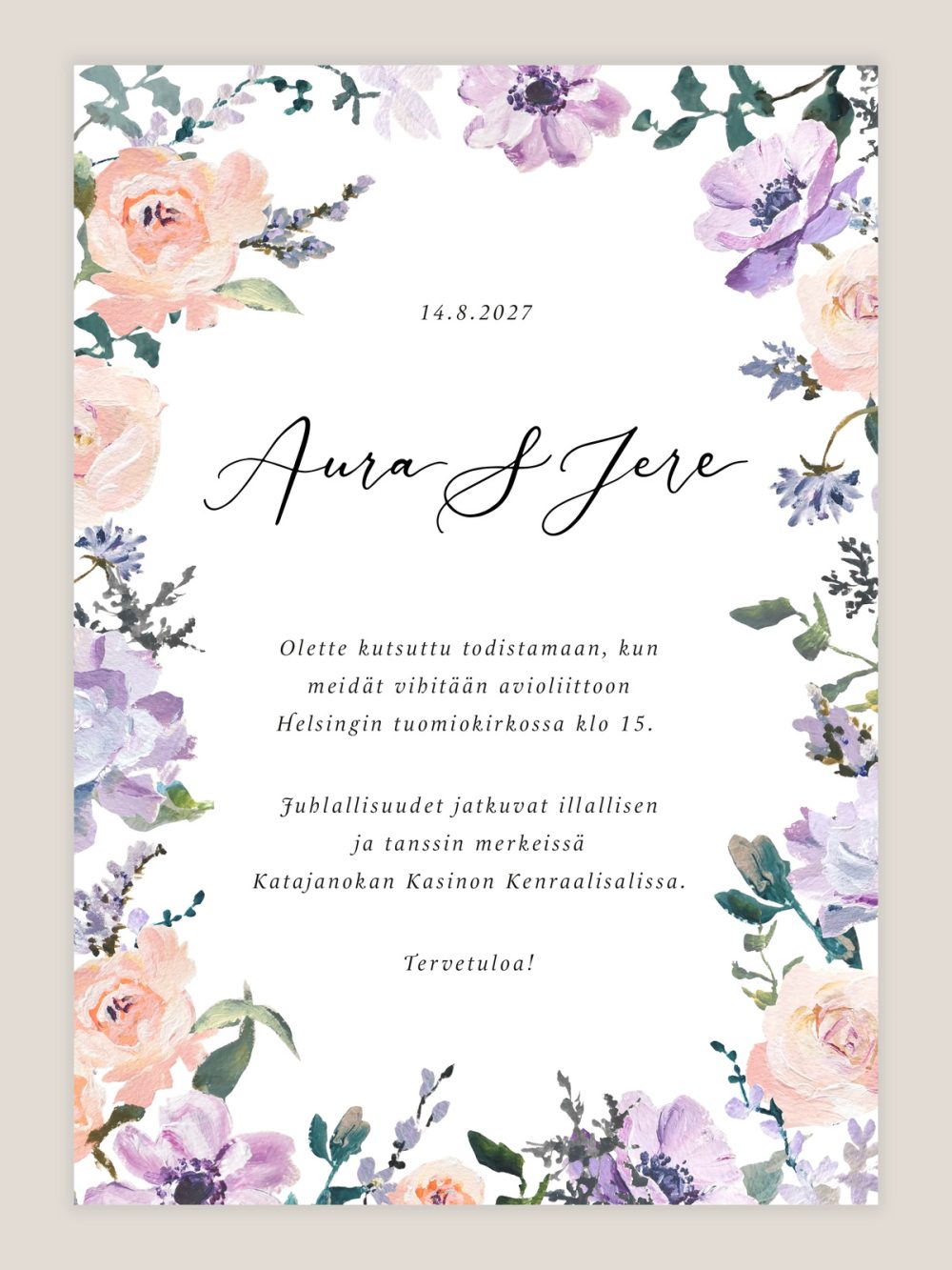 haakutsu-kevatniitty Hääkutsu Kevätniitty, kukkakuvio, vesivärimaalaus, kutsukortti häihin