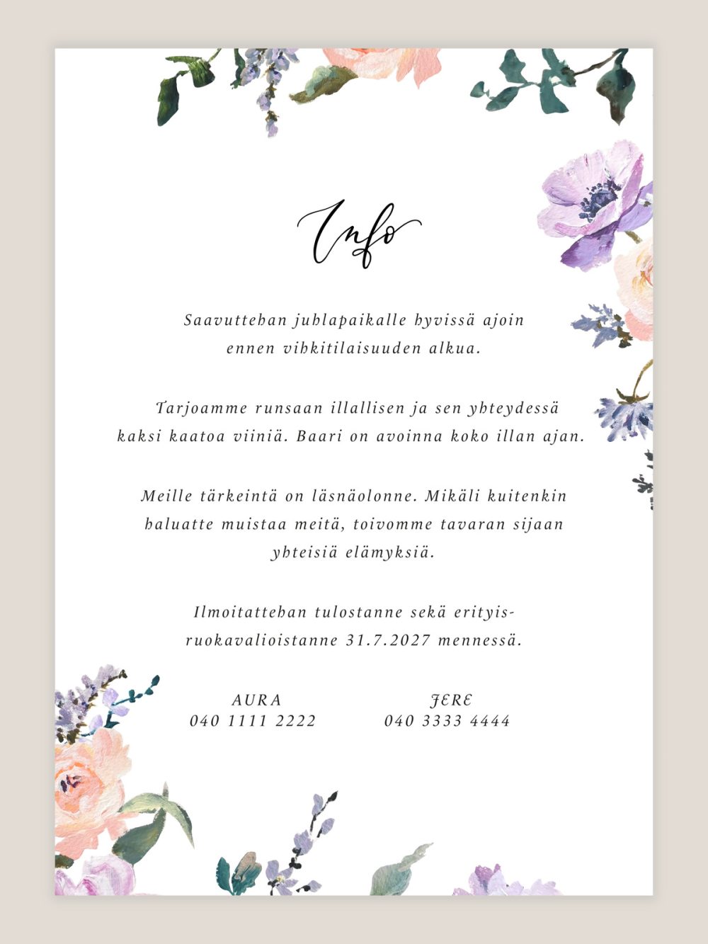 haakutsu-kevatniitty-info Hääkutsu Kevätniitty, infokortti, kukkakuvio, vesivärimaalaus, kutsukortti häihin