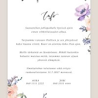 Hääkutsu Kevätniitty, infokortti, kukkakuvio, vesivärimaalaus, kutsukortti häihin