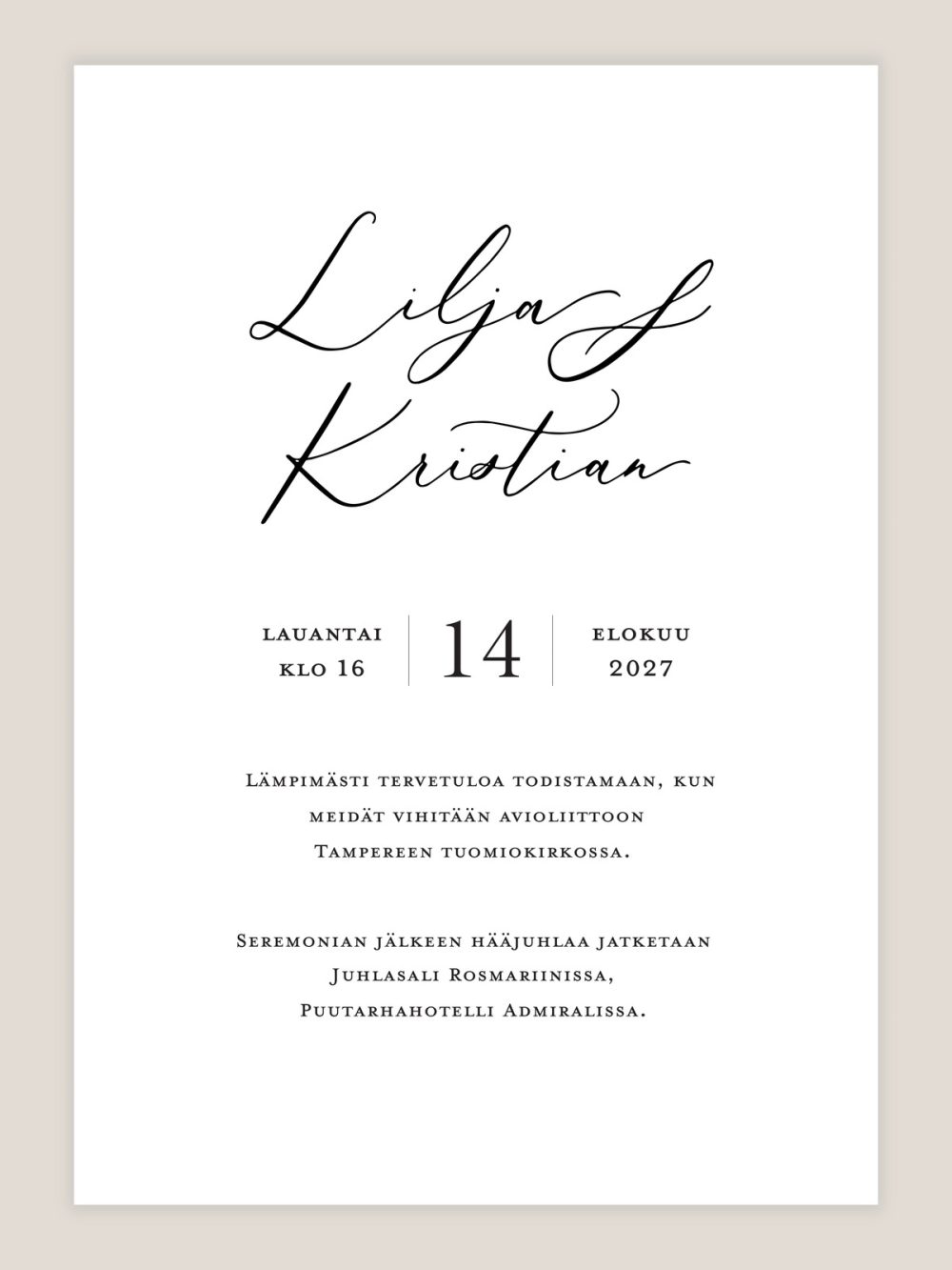 Hääkutsu Klassinen, mustavalkoinen, ajaton, kutsukortti häihin