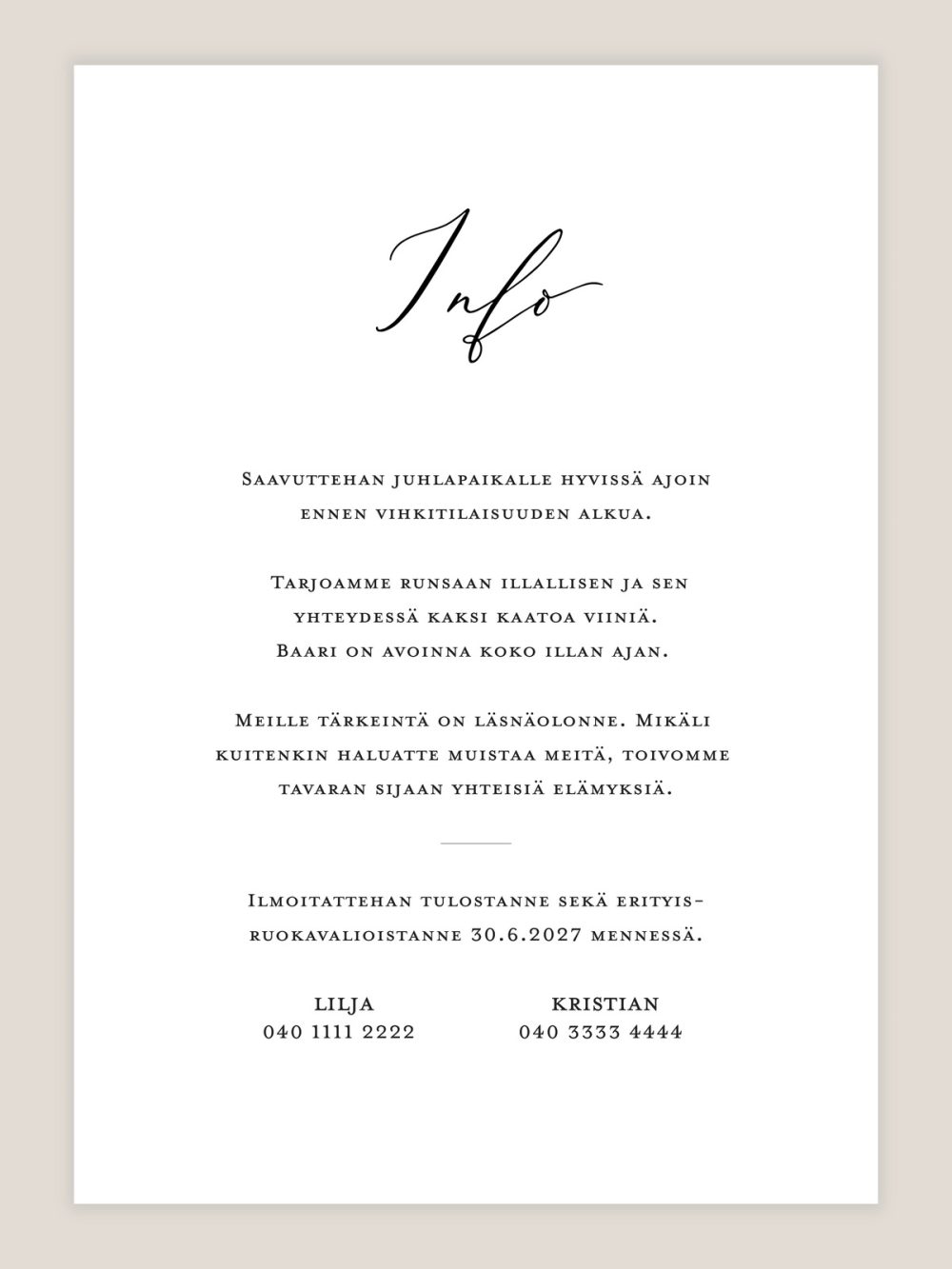 haakutsu-klassinen-info Hääkutsu Klassinen, infokortti, mustavalkoinen, ajaton, kutsukortti häihin