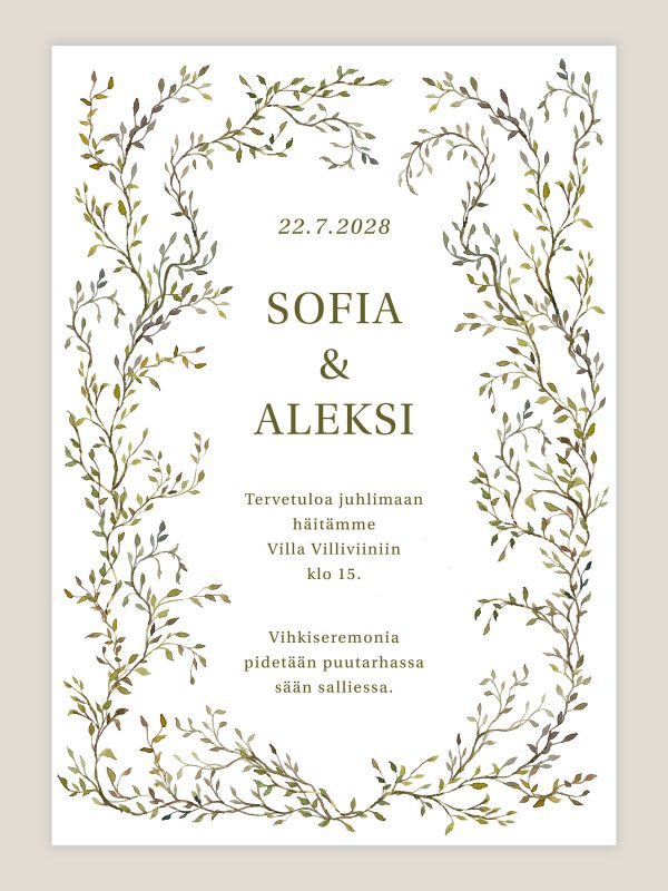 Hääkutsu köynnös vesivärilehdillä, lehtikehys hääkutsuun