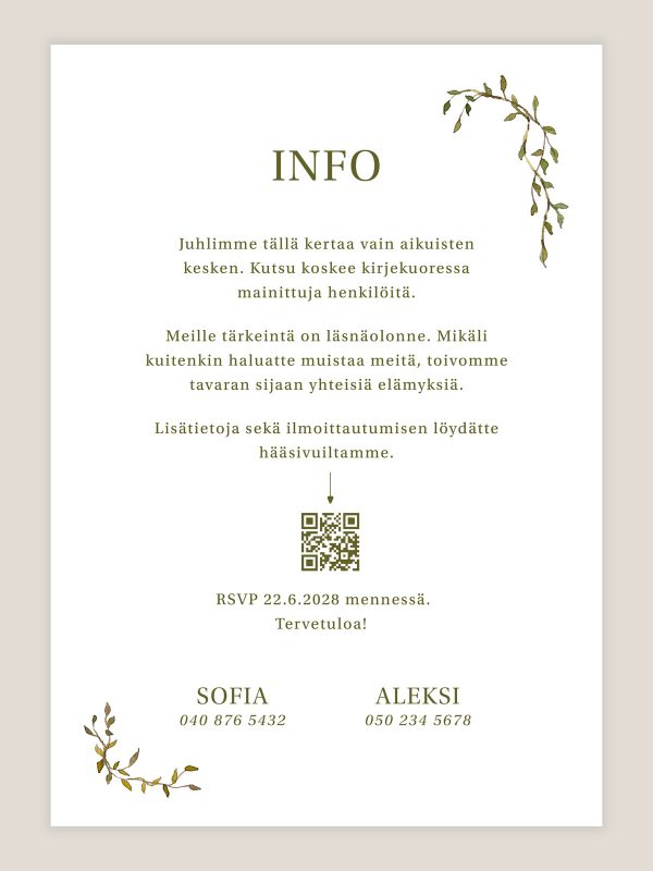 Hääkutsu köynnös info, infokortti vesivärilehdillä