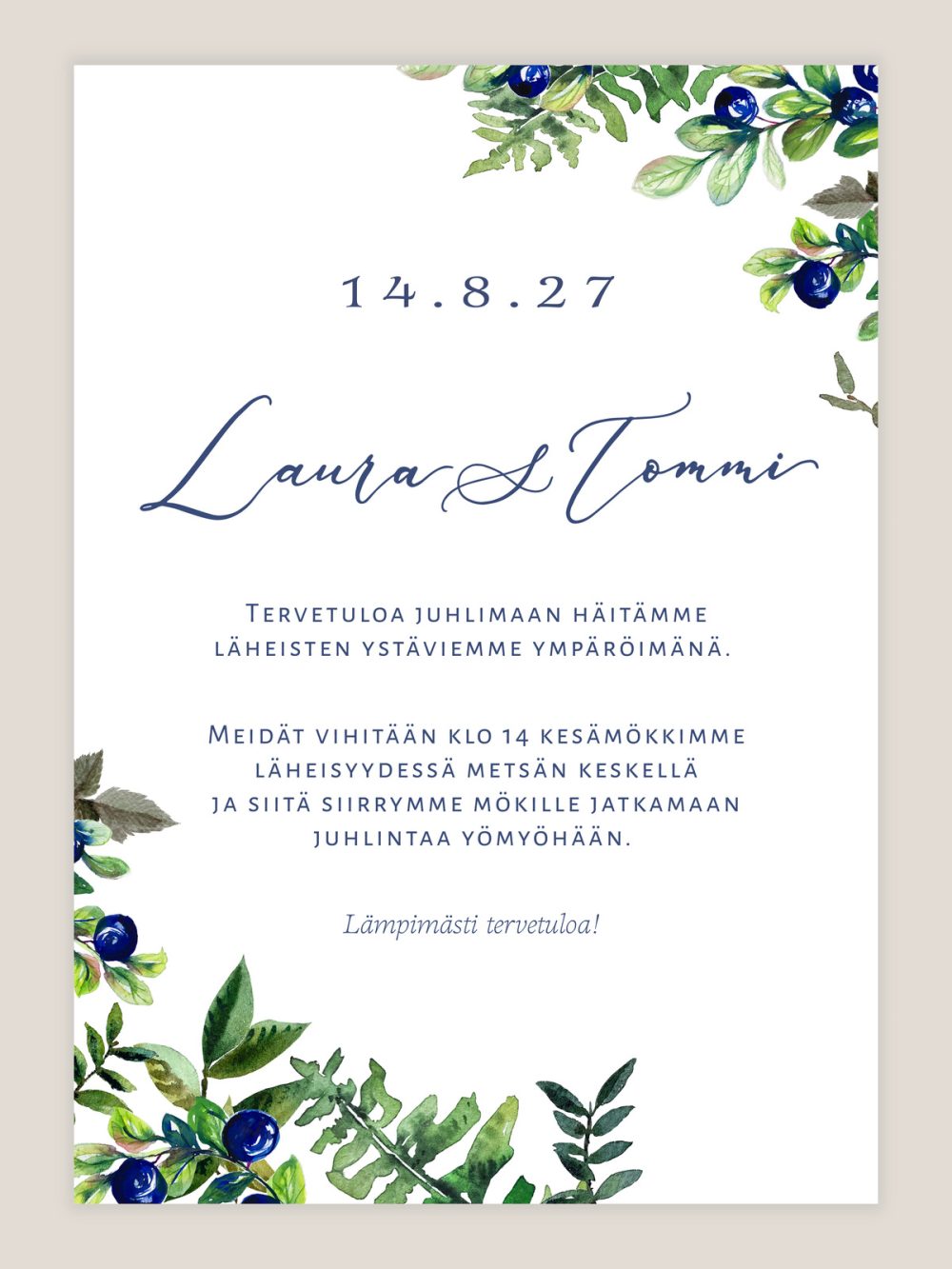 Hääkutsu mustikka vesivärikuvituksella, kutsu häihin mustikoilla ja vesivärilehdillä