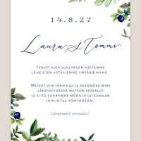 Hääkutsu mustikka vesivärikuvituksella, kutsu häihin mustikoilla ja vesivärilehdillä