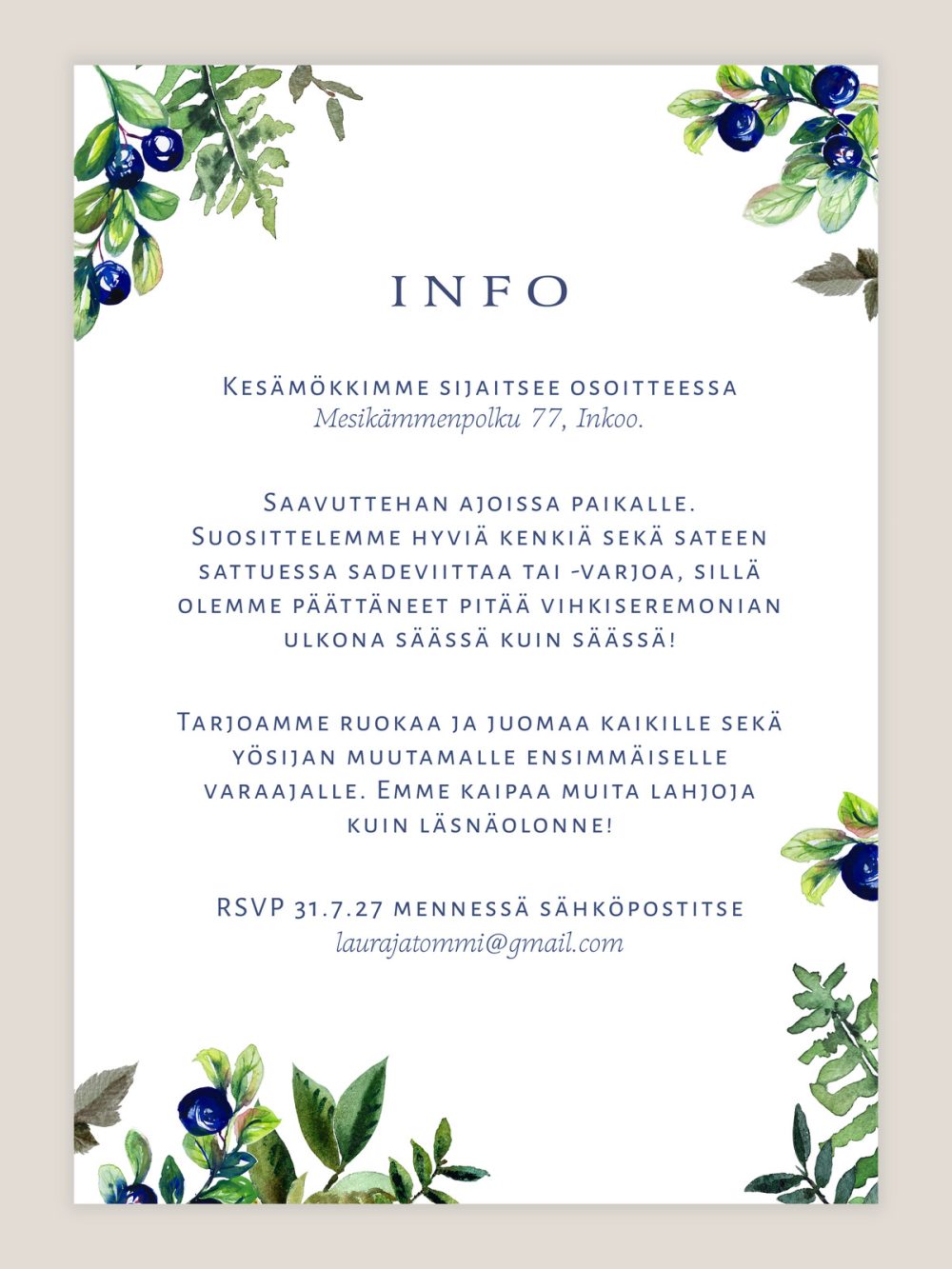 haakutsu-mustikka-info Hääkutsu mustikka info, infokortti hääkutsuun mustikkakuvituksella