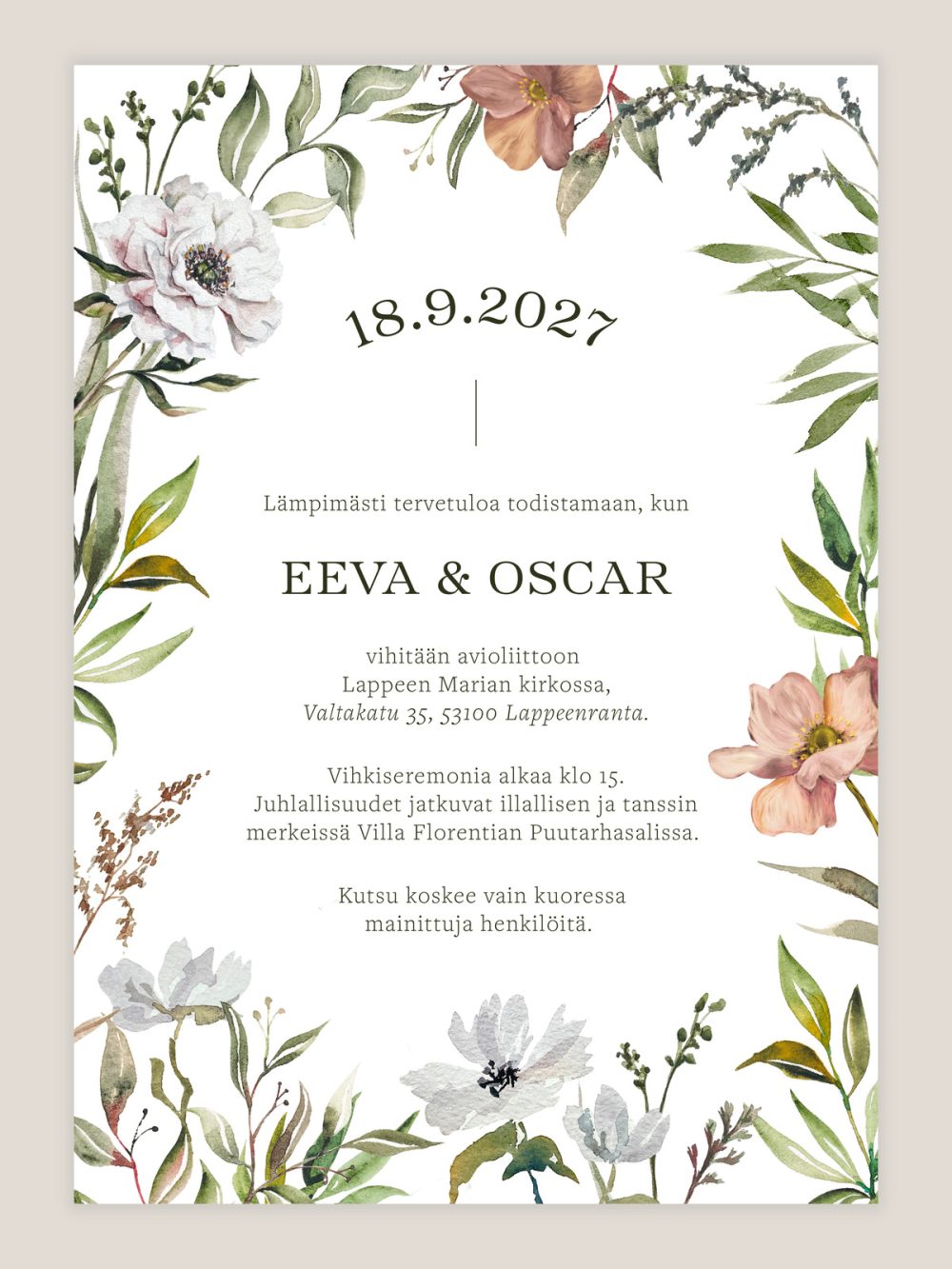 Hääkutsu Puutarha vesivärikukka kuvituksella, kutsu häihin lehti ja kukkamaalauksella