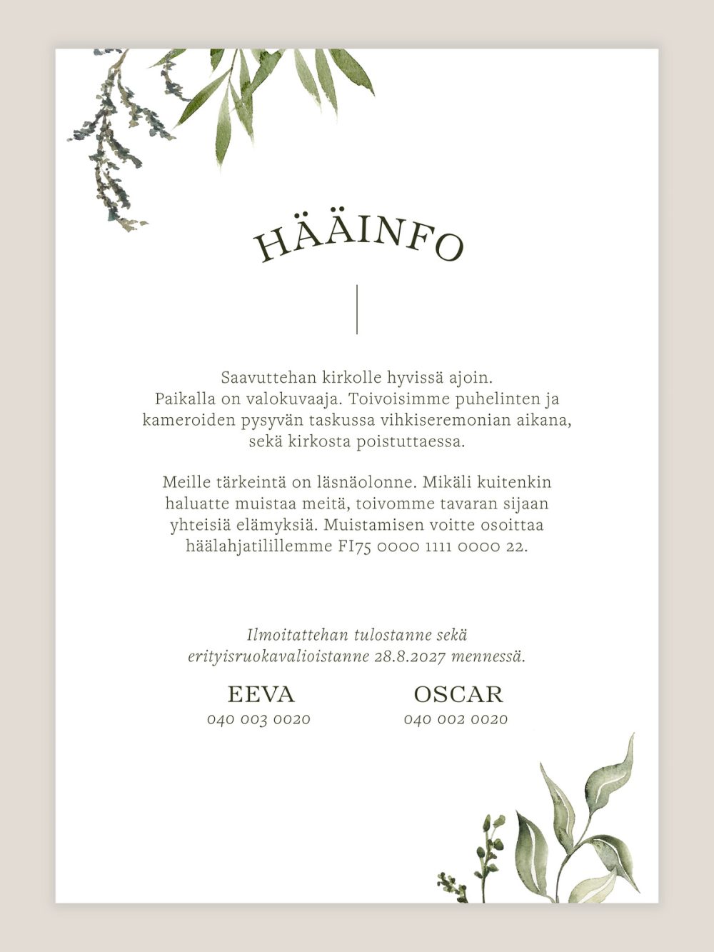 haakutsu-puutarha-info Hääkutsu puutarha info, infokortti vesivärilehdillä