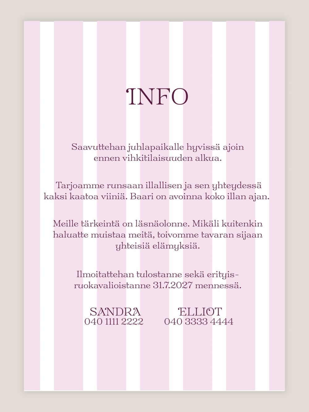 haakutsu-raidallinen-vaaleanpunainen-info Hääkutsu Raidallinen vaaleanpunainen, infokortti, moderni, graafinen, raitakuvio, kutsukortti häihin