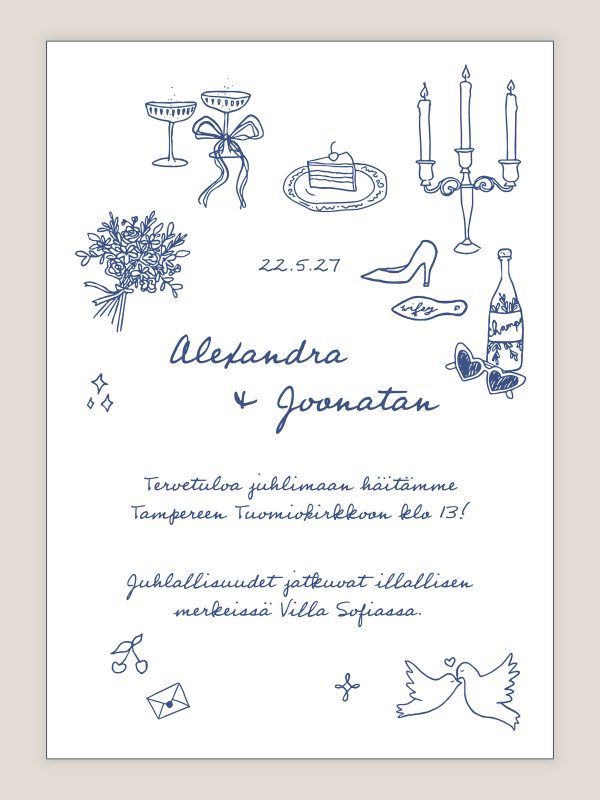 Hääkutsu Romanttinen viivapiirros, sininen, moderni, graafinen, trendikäs, kutsukortti häihin