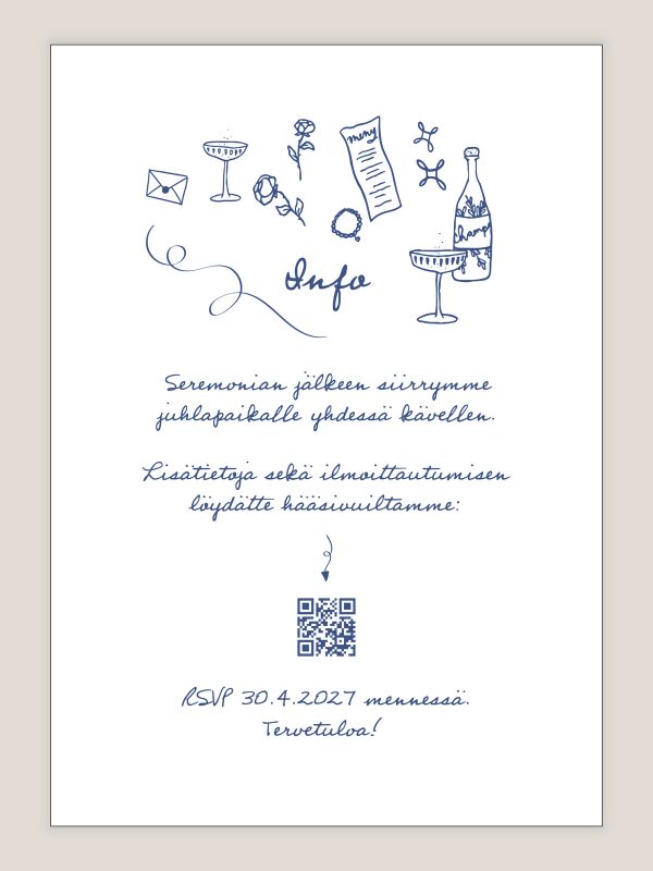 Hääkutsu Romanttinen viivapiirros, infokortti, sininen, moderni, graafinen, trendikäs, kutsukortti häihin