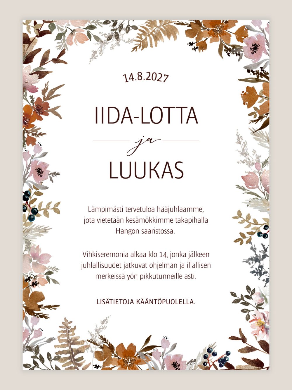 Hääkutsu Syksyinen, kukkakuvio, vesivärimaalaus, kutsukortti häihin