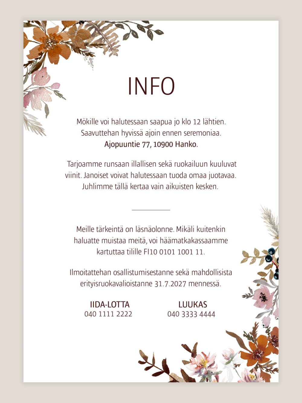 haakutsu-syksyinen-info Hääkutsu Syksyinen, infokortti, kukkakuvio, vesivärimaalaus, kutsukortti häihin