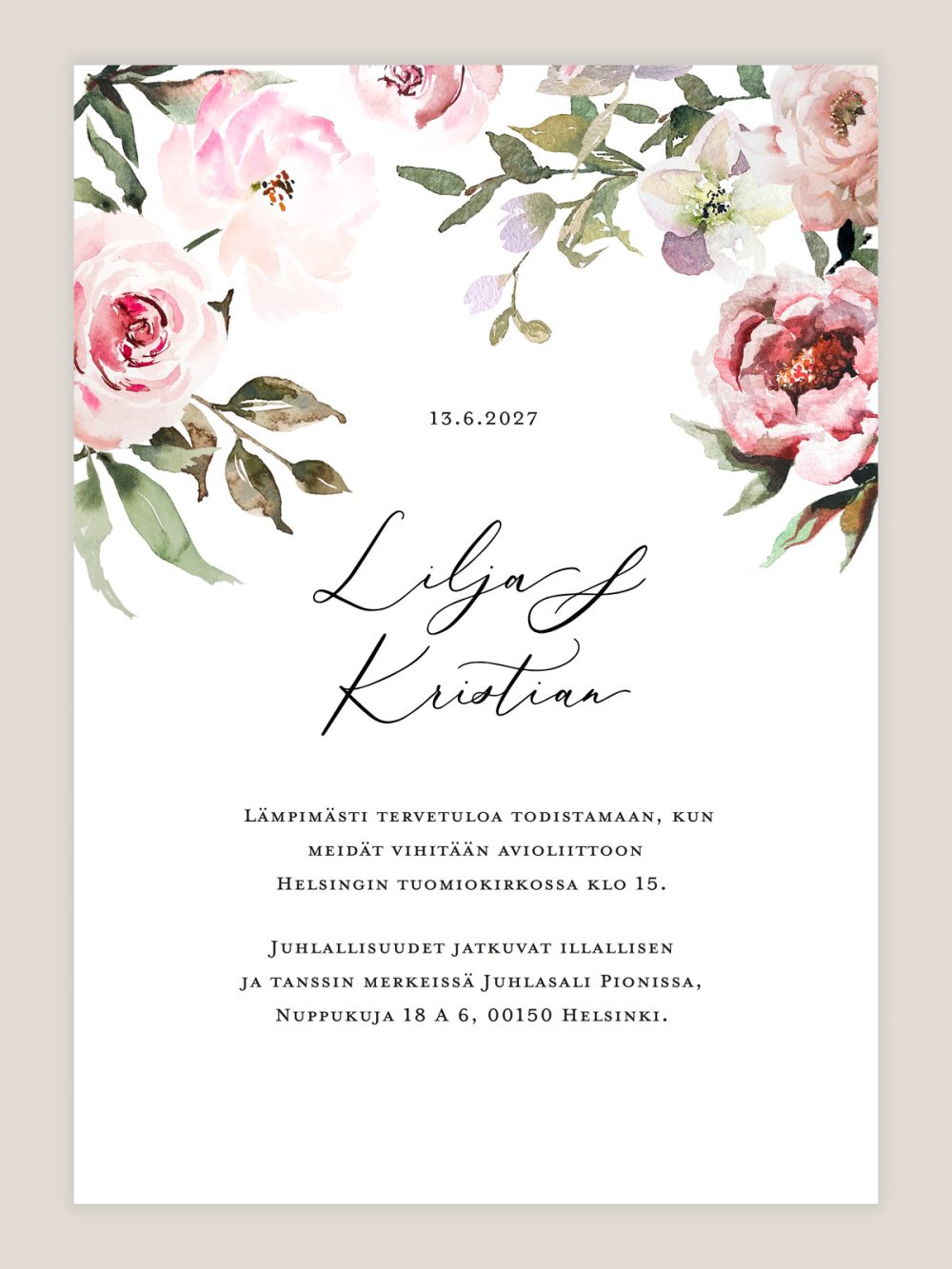 Hääkutsu vaaleanpunaiset kukat, kukkakuvio, vesivärimaalaus, kutsukortti häihin