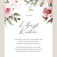 Hääkutsu vaaleanpunaiset kukat, kukkakuvio, vesivärimaalaus, kutsukortti häihin