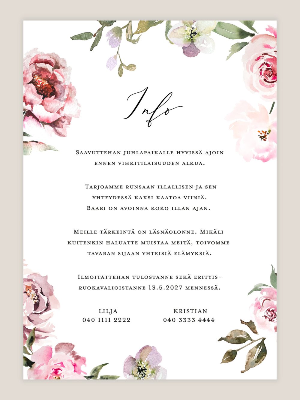 haakutsu-vaaleanpunaiset-kukat-info Hääkutsu vaaleanpunaiset kukat info, kukkakuvio, vesivärimaalaus, kutsukortti häihin