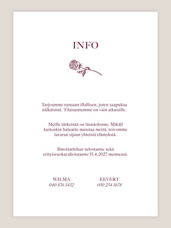 Hääkutsu viininpunainen viivapiirros info, moderni, graafinen, trendikäs, kutsukortti häihin