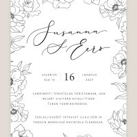 Hääkutsu viivapiirros kukat, moderni, graafinen, mustavalkoinen, kutsukortti häihin