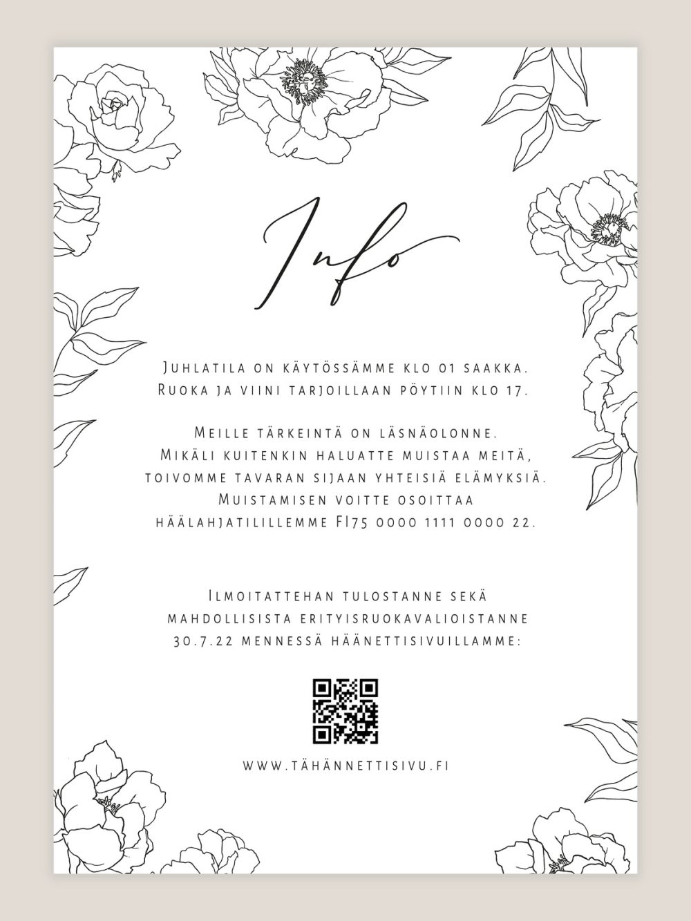 haakutsu-viivapiirros-kukat-info Hääkutsu viivapiirros kukat info, moderni, graafinen, mustavalkoinen, kutsukortti häihin