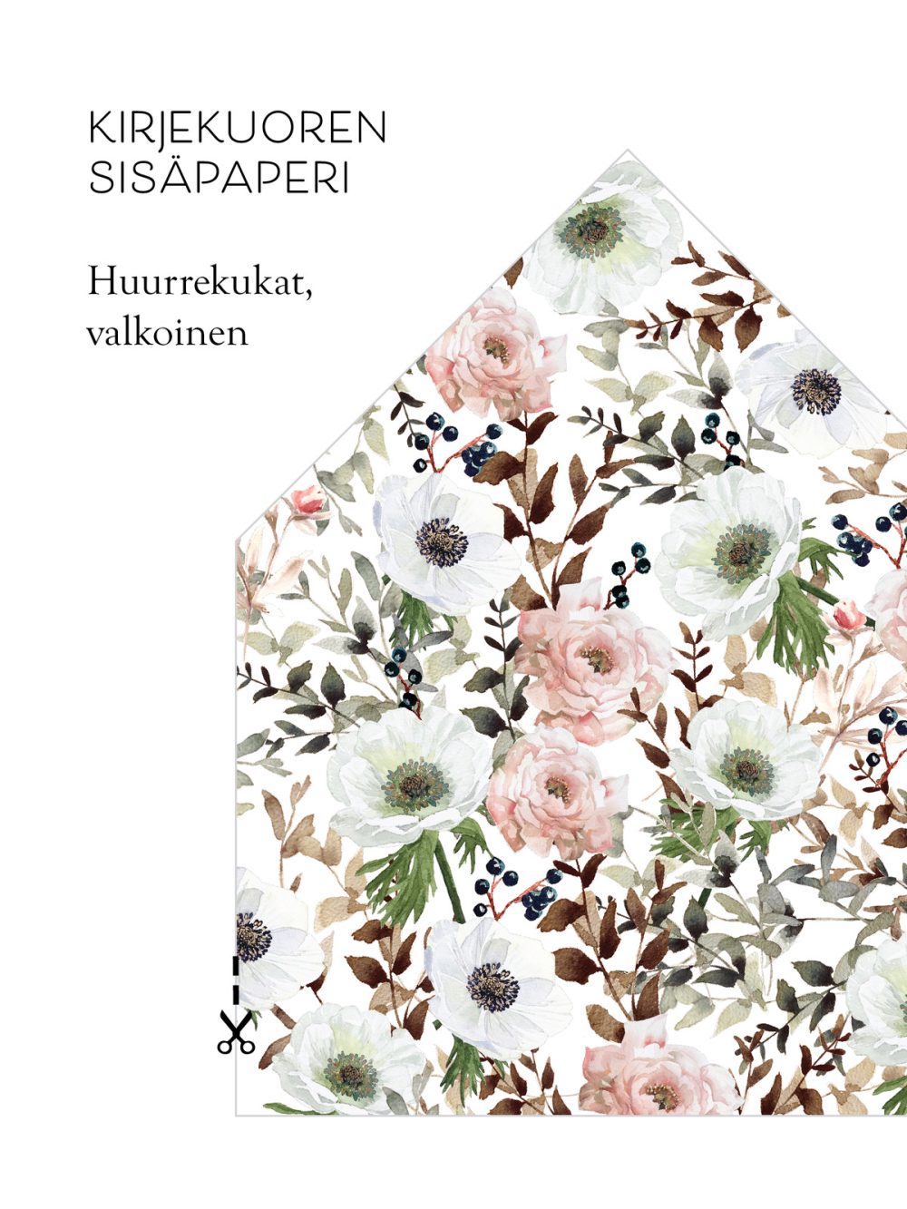 Kirjekuoren sisäpaperi huurrekukat valkoinen, kukkakuvio, vesivärimaalaus, kirjekuoriin