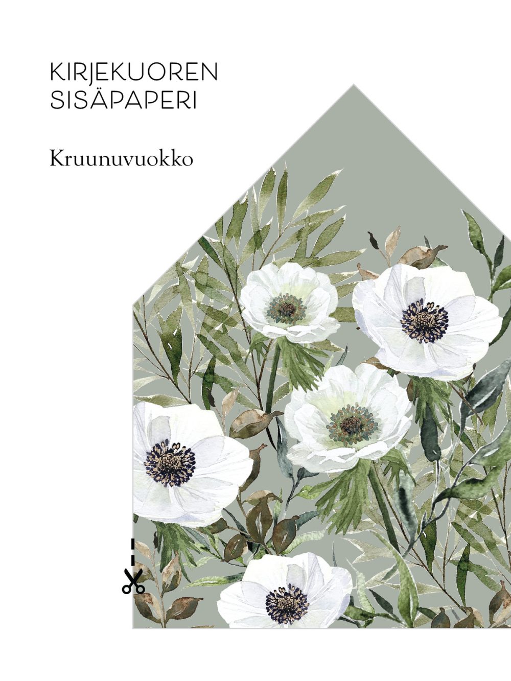 Kirjekuoren sisäpaperi Kruunuvuokko, vesivärimaalaus, lehtiä, vihreää ja valkoista