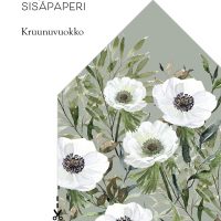 Kirjekuoren sisäpaperi Kruunuvuokko, vesivärimaalaus, lehtiä, vihreää ja valkoista