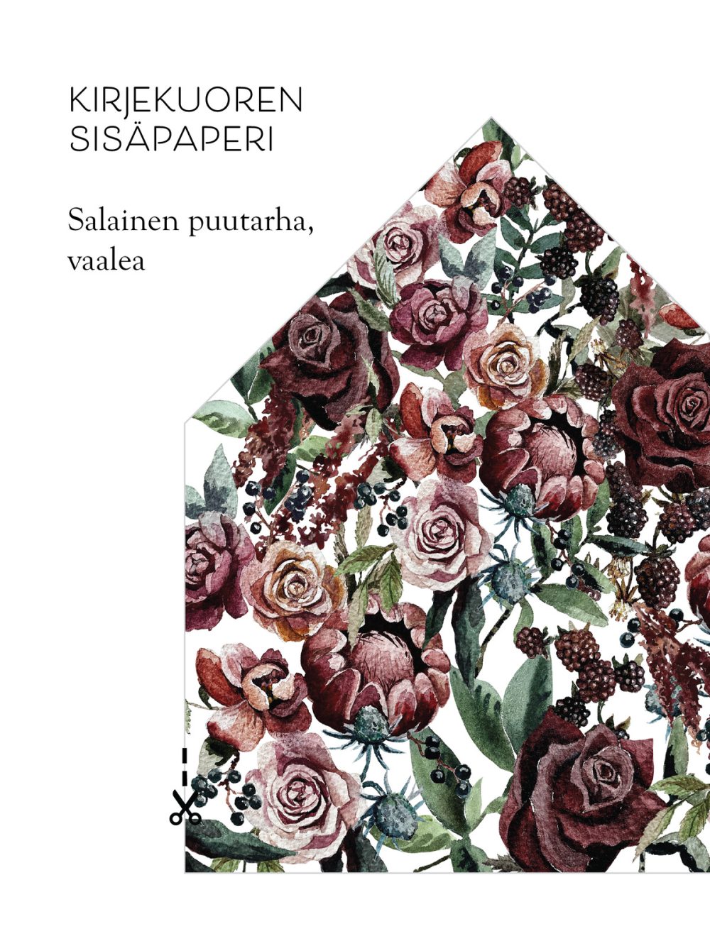 kirjekuorensisapaperi-myyntikuva-salainenpuutarha Kirjekuoren sisäpaperi salainen puutarha vaalea, kukkakuvio, vesivärimaalaus kirjekuoriin