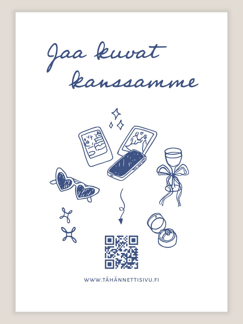 Romanttinen viivapiirros jaa kuvat kanssamme kyltti, häiden kuvagalleria ohjeprintti