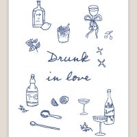 romanttinen viivapiirros kyltti drunk in love, ohjekyltti hääbaariin, häädrinkki