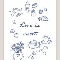 Romanttinen viivapiirros kyltti love is sweet, printti kakkubuffetiin, häiden herkkubuffet opaste