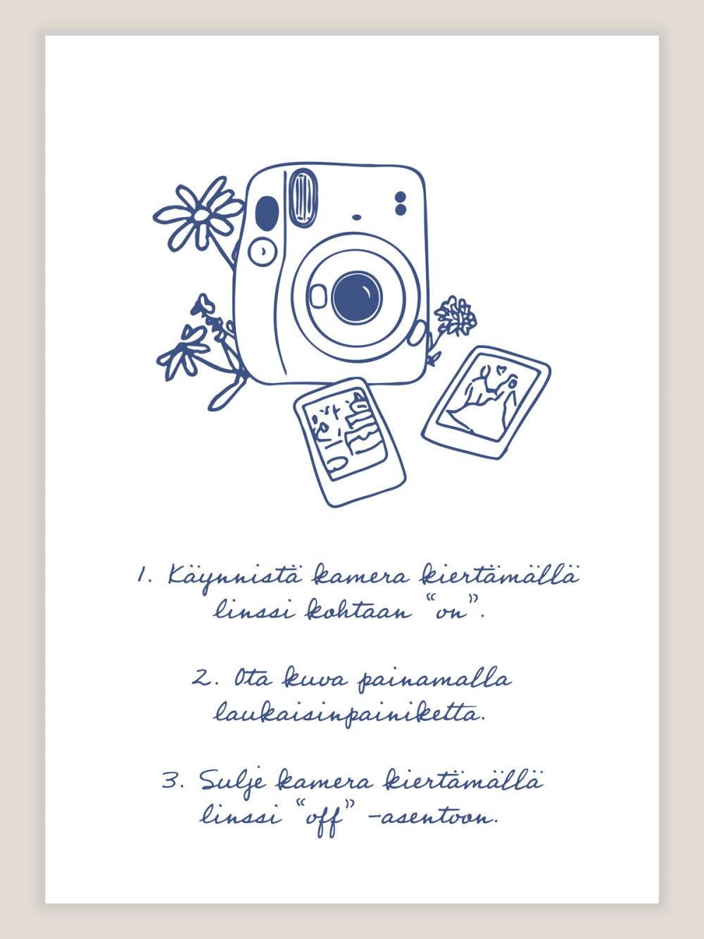 romanttinen viivapiirros kyltti polaroidkameran ohje, häiden opaste, polaroid kameralle